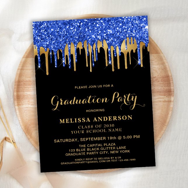 Elegant Blue Gold Black Glitter Drips Graduation Invitation Postcard (Creator Uploaded)