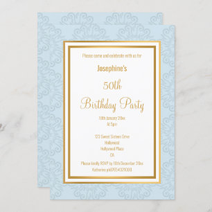 ELEGANT BLUE GOLD BORDER ABSTRACT BIRTHDAY INVITATION