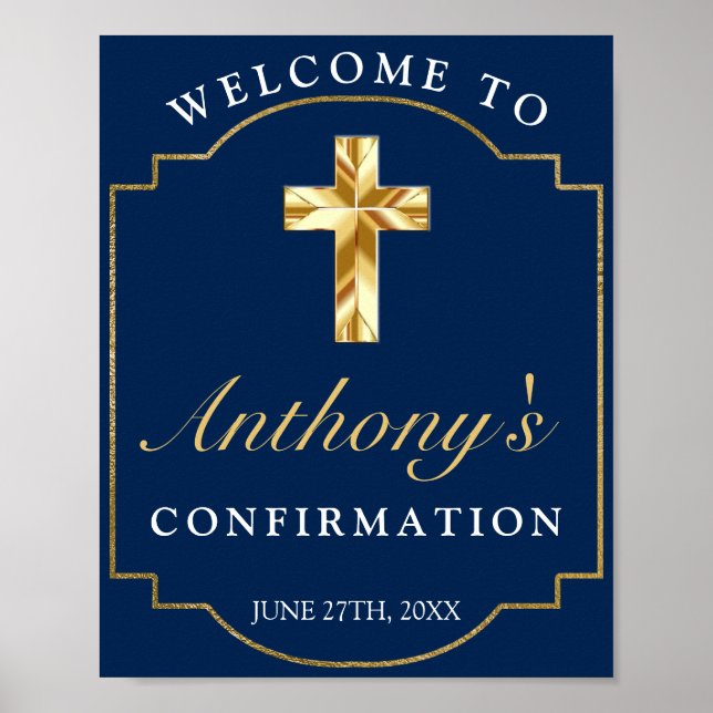 Elegant Blue Gold Boys Confirmation Welcome Poster (Front)