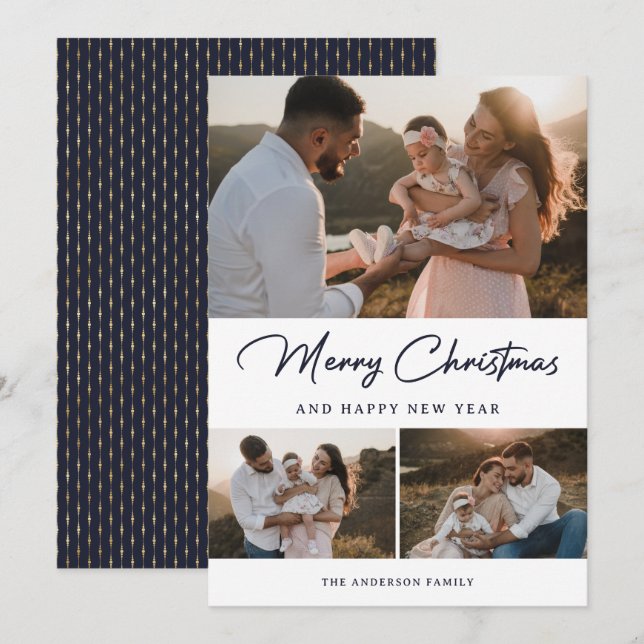 Elegant Blue Gold Calligraphy Photo Collage Holiday Card (Front/Back)