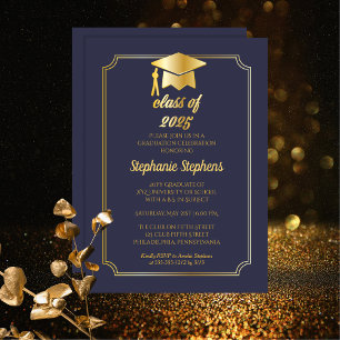 Elegant Blue   Gold Cap College Graduation Party Invitation