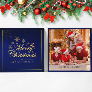 Elegant Blue Gold Christmas Double Sided Photo   Card