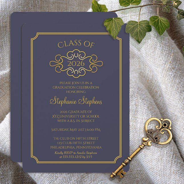 Elegant Blue | Gold College Graduation Party Invitation (Elegant Blue and Gold Tone College Graduation Party Invitation - Print | Digital)