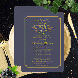 Elegant Blue   Gold College Graduation Party Invitation