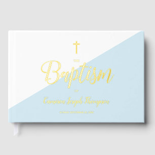 Elegant Blue gold Cross Baby Baptism Custom Guest Book
