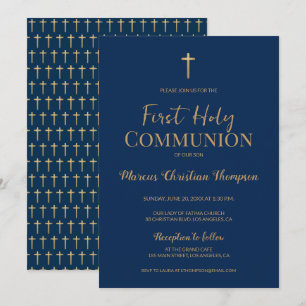 Elegant Blue Gold Cross Boy First holy communion  Invitation