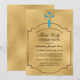 Elegant Blue Gold Cross First Communion Invitation