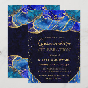 Elegant Blue Gold Crystal Stone Quinceanera Invitation