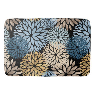 Elegant Blue Gold Dahlia Floral Bath Mat