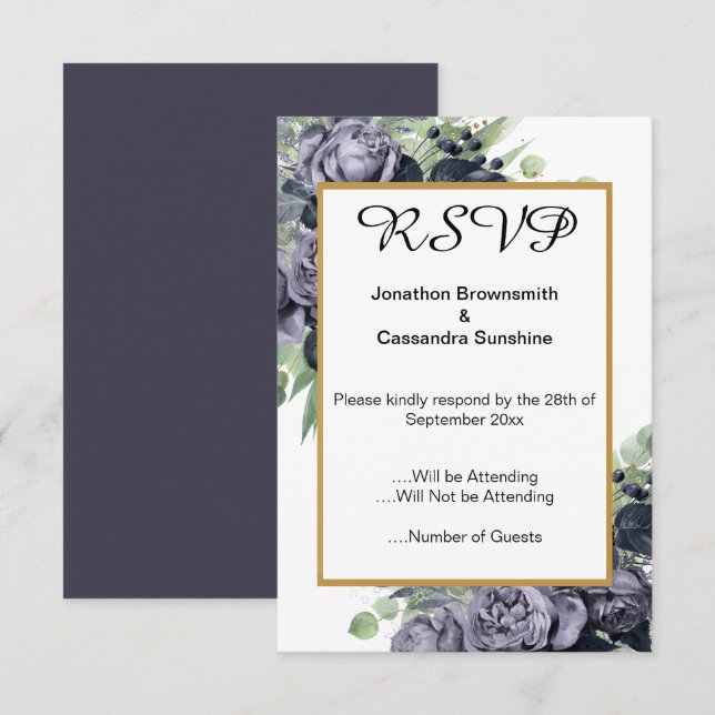 ELEGANT BLUE GOLD EUCALYPTUS ROSE  RSVP INVITATION (Front/Back)