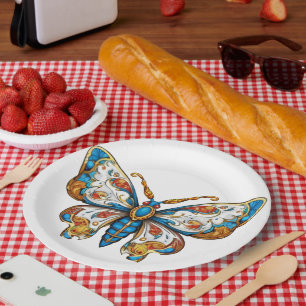 Elegant Blue Gold Filigree Butterfly Wedding Paper Plate