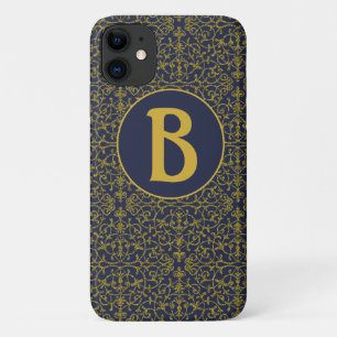 Elegant Blue & Gold Filigree Monogram  iPhone 11 Case