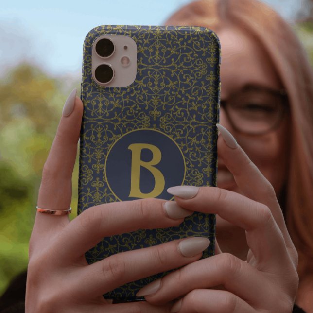 Elegant Blue & Gold Filigree Monogram Case-Mate iPhone Case (Creator Uploaded)