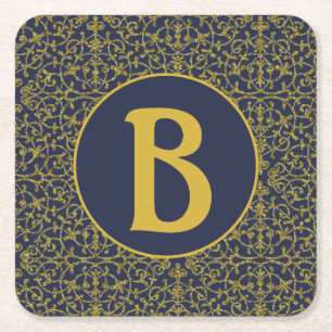 Elegant Blue & Gold Filigree Monogram Square Paper Coaster