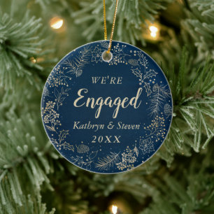 Elegant Blue Gold First Christmas Engaged Photo Ceramic Ornament