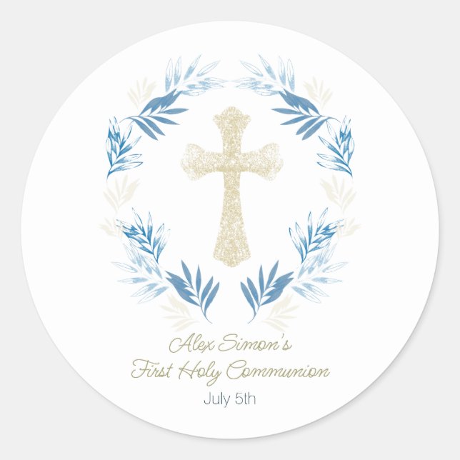 Elegant Blue Gold First Holy Communion Classic Round Sticker (Front)