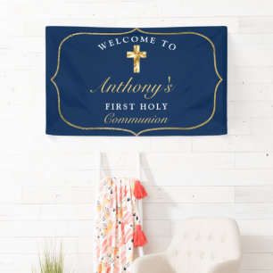 Elegant Blue Gold First Holy Communion Welcome Banner