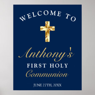 Elegant Blue Gold First Holy Communion Welcome Poster