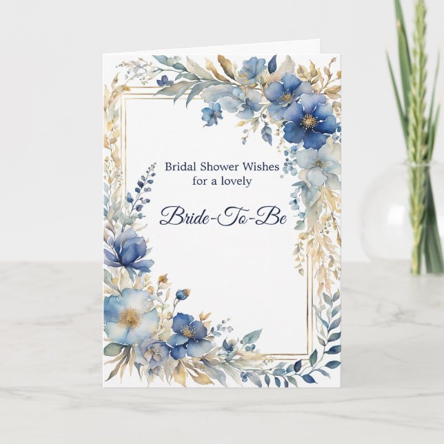 Elegant Blue Gold Floral Bridal Shower Card (Front)
