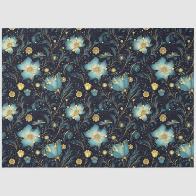 Elegant Blue & Gold Floral Christmas Decoupage Tissue Paper (Front)