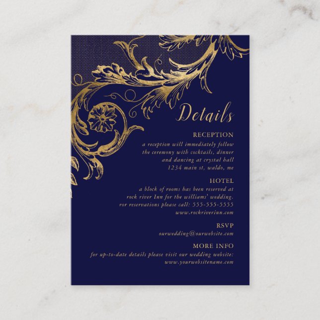 Elegant Blue Gold Floral Damask Wedding Details Enclosure Card (Front)