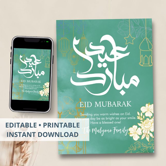Elegant Blue & Gold Floral Eid Mubarak Card (Creator Uploaded)