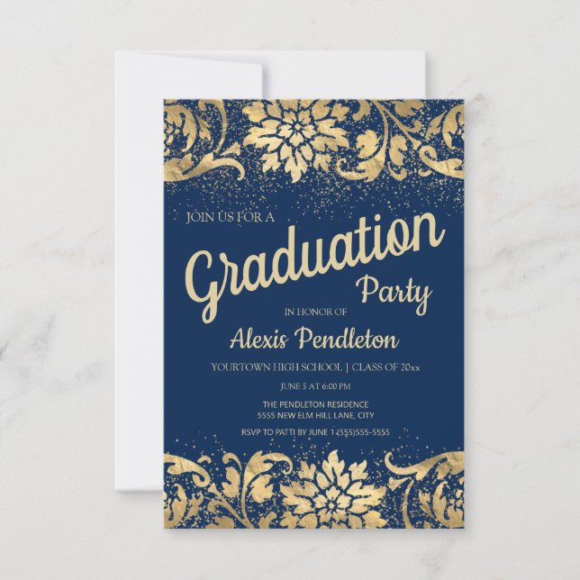 Elegant Blue Gold Floral Glitter Graduation Party Invitation (Front)
