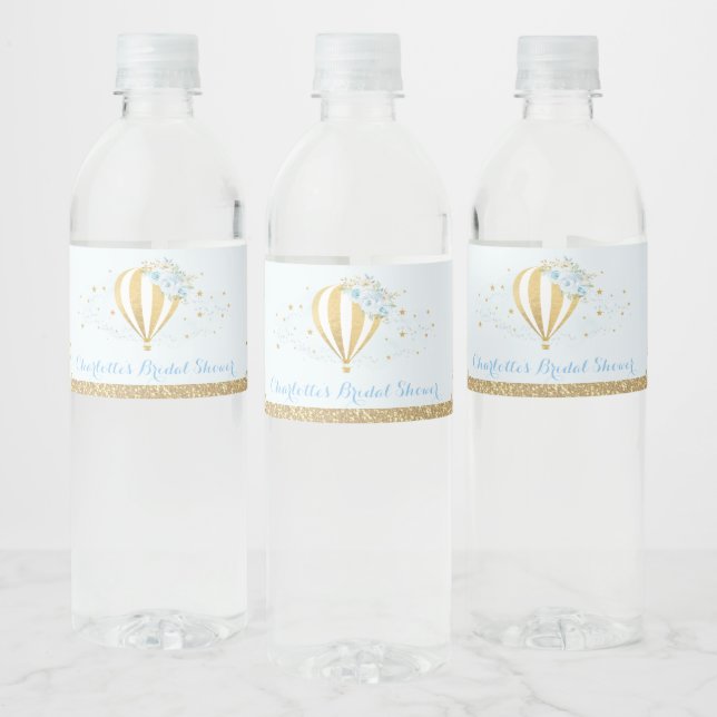 Elegant Blue Gold Floral Hot Air Balloon Favours Water Bottle Label (Bottles)