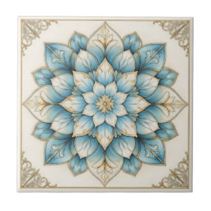 Elegant Blue Gold Floral Mandala Ceramic Tile