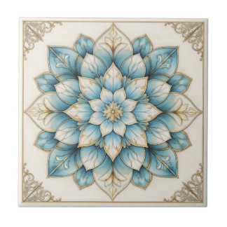Elegant Blue Gold Floral Mandala Ceramic Tile