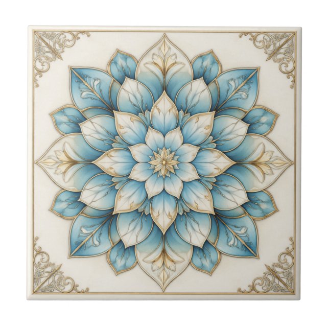 Elegant Blue Gold Floral Mandala Ceramic Tile (Front)