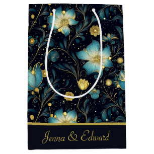 Elegant Blue & Gold Floral Personalized Christmas  Medium Gift Bag