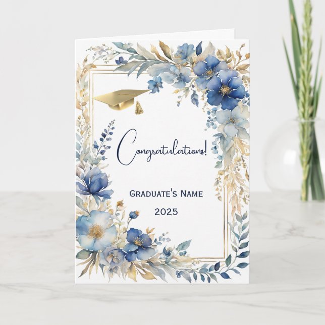 Elegant Blue Gold Floral Personalized Graduation Card (Front)