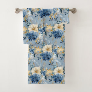 Elegant Blue Gold Floral Roses Towel Set