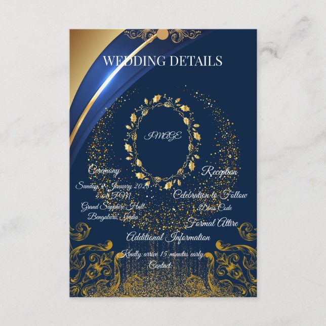 Elegant Blue & Gold Floral Wedding Details Card (Front)