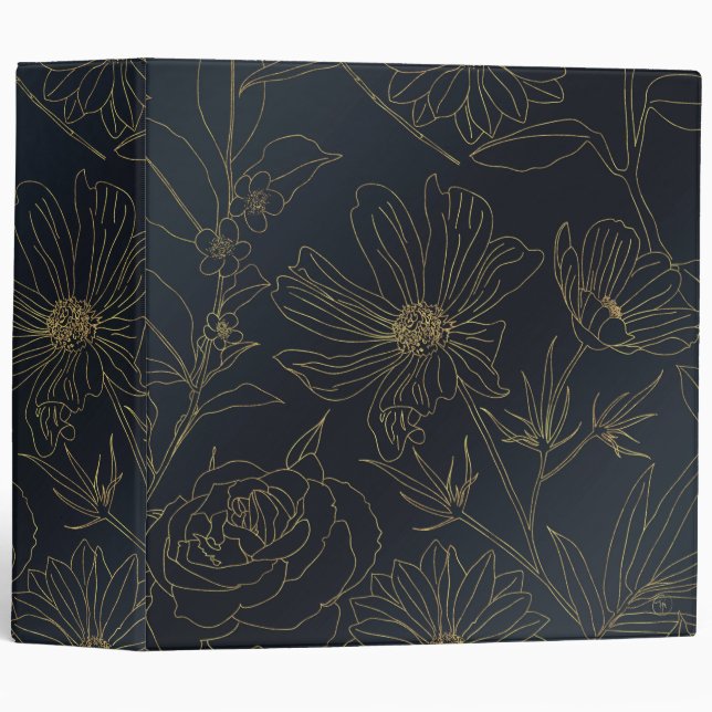Elegant Blue Gold Flowers Botanical Binder (Front/Spine)