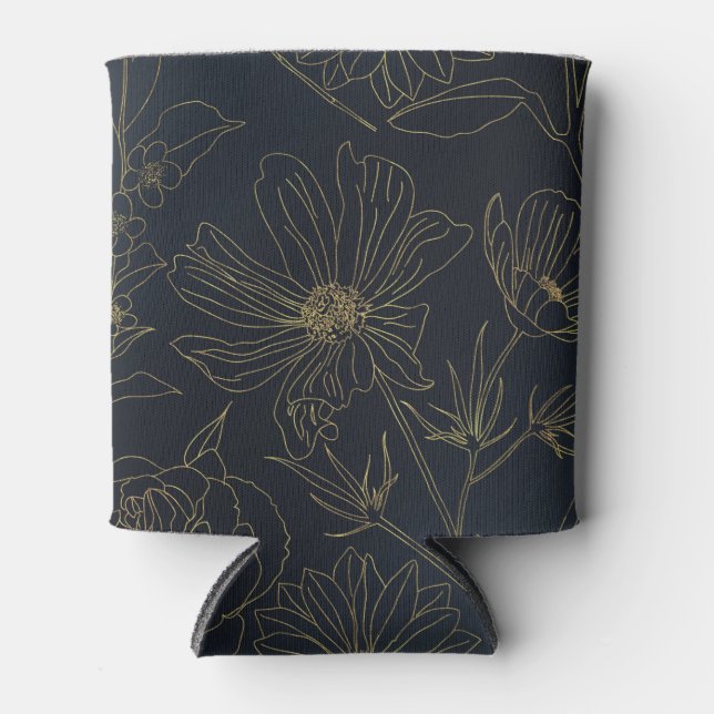 Elegant Blue Gold Flowers Botanical Can Cooler (Front)