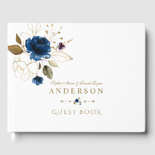 Elegant Blue Gold Flowers Monogram Wedding Guest Book