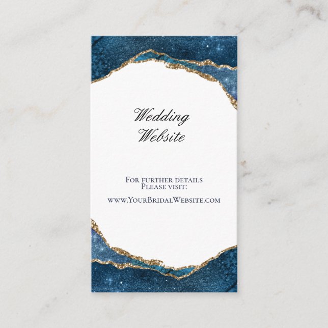 Elegant Blue Gold Foil Agate Wedding Website Enclosure Card (Front)