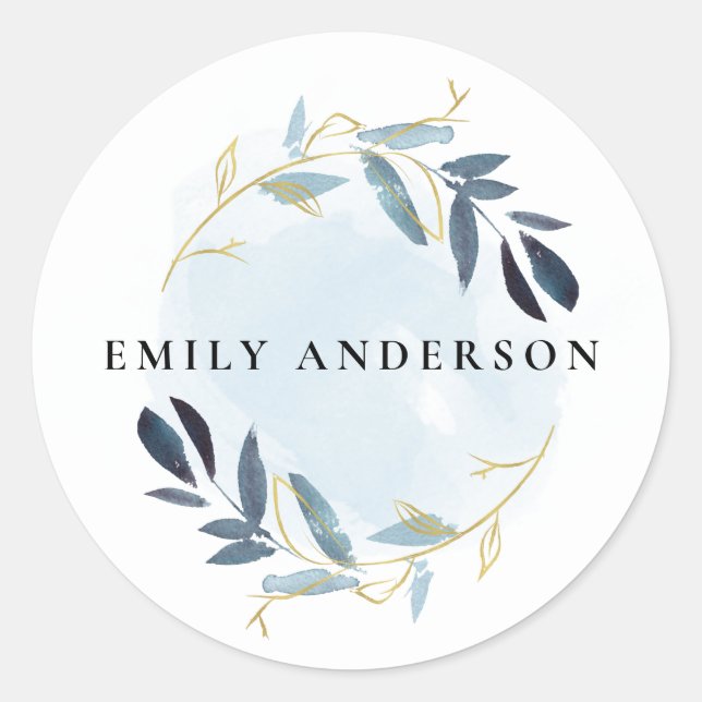 ELEGANT BLUE GOLD FOLIAGE WREATH PROFESSIONAL CLASSIC ROUND STICKER (Front)