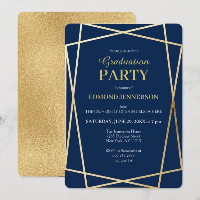 Elegant Blue Gold Geometric 2025 Graduation Party Invitation (Front/Back)
