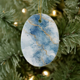 Elegant Blue Gold Glitter Abstract Flow Ceramic Ornament