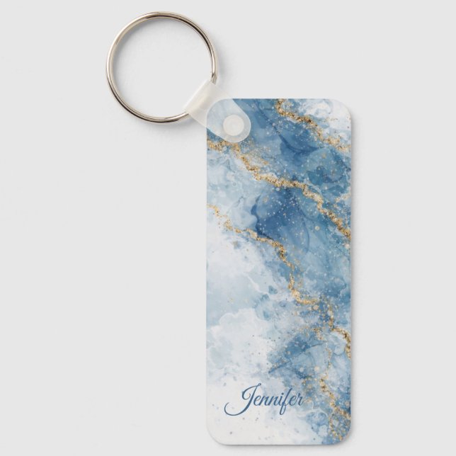 Elegant Blue Gold Glitter Abstract Flow            Keychain (Front)