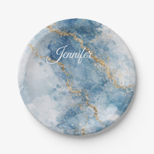 Elegant Blue Gold Glitter Abstract Flow Paper Plate