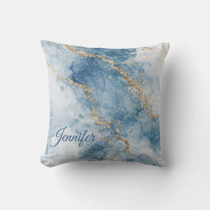 Elegant Blue Gold Glitter Abstract Flow Throw Pillow