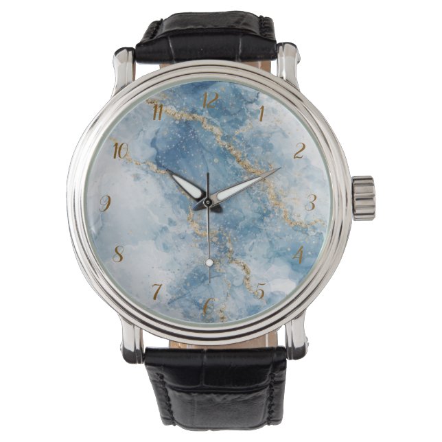 Elegant Blue Gold Glitter Abstract Flow            Watch (Front)