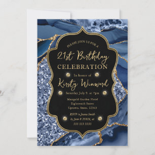 Elegant Blue & Gold Glitter Agate 21st Birthday Invitation
