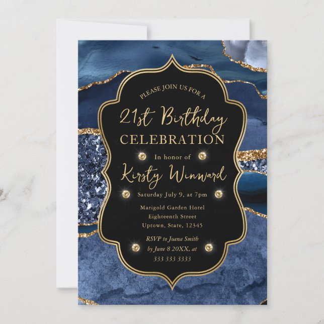 Elegant Blue & Gold Glitter Agate 21st Birthday Invitation (Front)