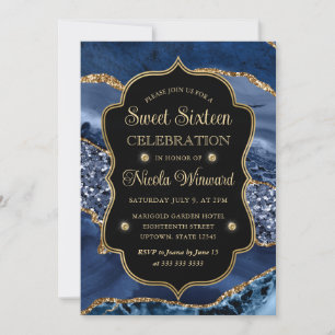 Elegant Blue & Gold Glitter Agate Sweet Sixteen Invitation