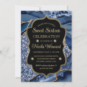 Elegant Blue & Gold Glitter Agate Sweet Sixteen Invitation